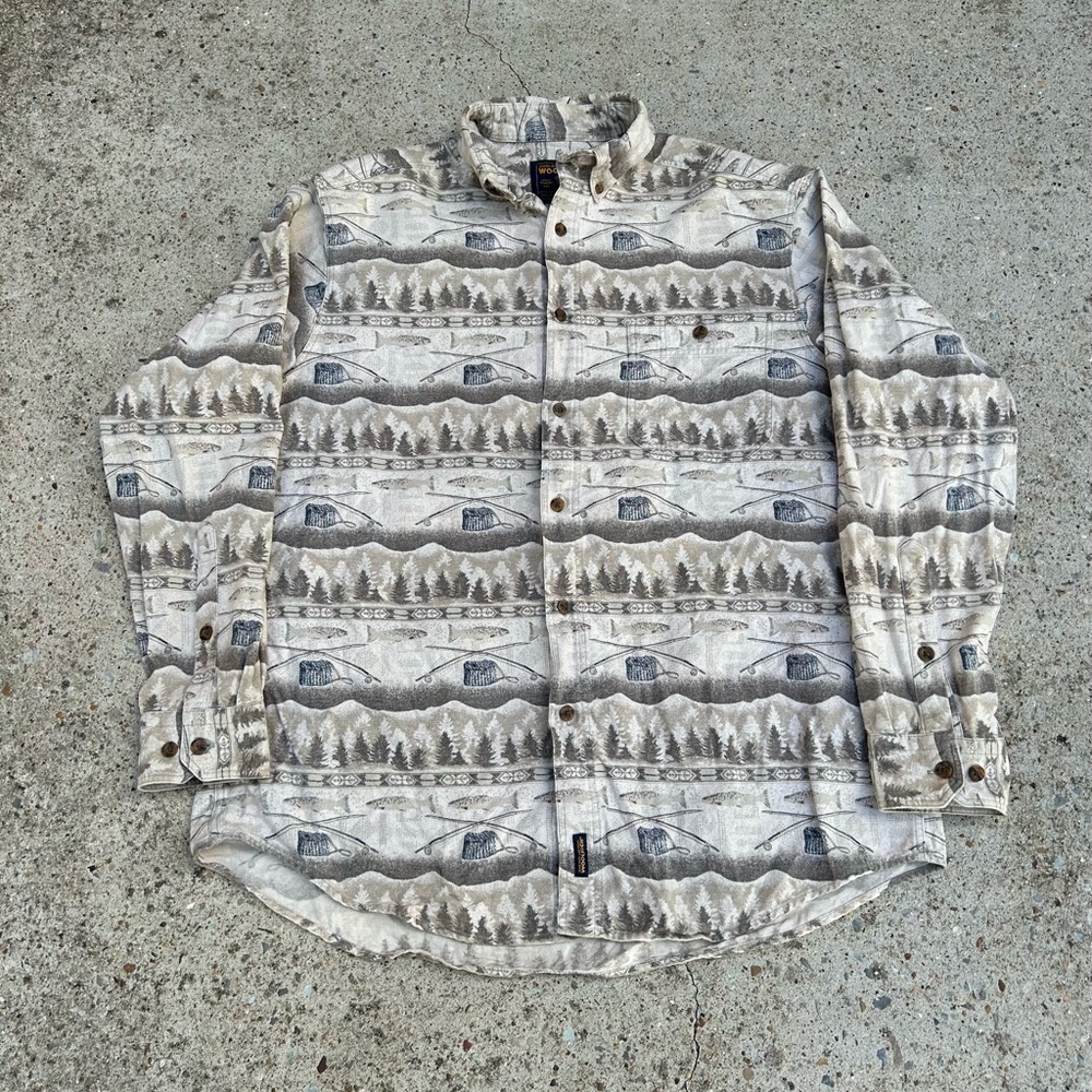 Vintage Woolrich Shirt Mens Large Fish Nature AOP Anglo Aztec Hiking Button up
